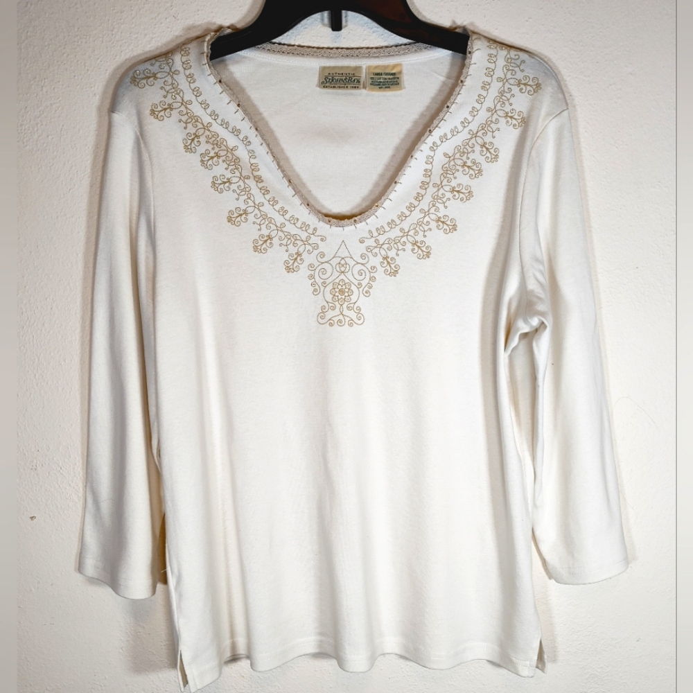 Authentic St John's Bay Embroidered Trim Lace Blouse Size Large